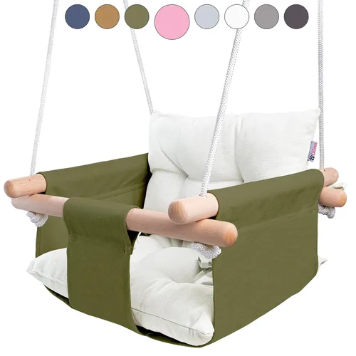 Vista 15 de CaTeam - Columpio de lona para bebé, silla colgante de madera con cinturón de seguridad, silla de columpio para bebé duradera, columpio