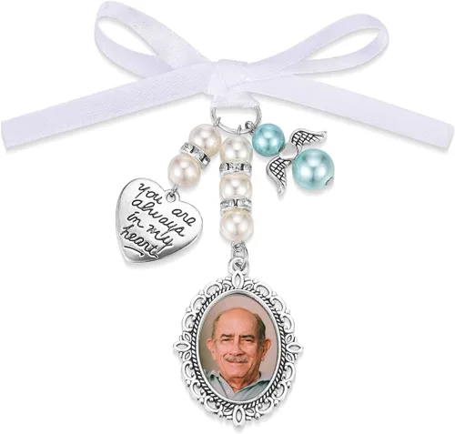 Vista 6 de Abalorios personalizados para ramo de boda, dije de foto de encaje con texto en inglés "You Are Always in My Heart" para decoración de fiesta nupcial