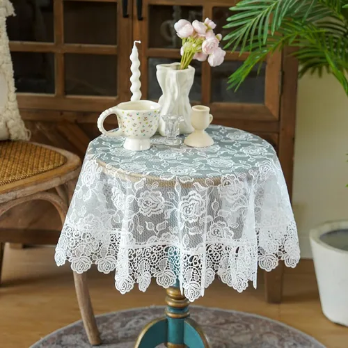 Vista 8 de SUTAVIA Mantel redondo de encaje con flores doradas de rosa, cubierta de mesa de café clásica a prueba de polvo, protector de mesa para comedor
