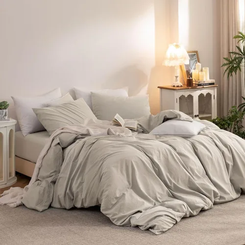 Vista 6 de Juego de funda de edredón 100% algodón lavado, tacto de lino Ropa de cama moderna transpirable ligera y suave para todas las estaciones