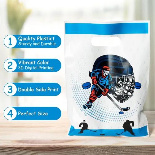 Vista 7 de 50 bolsas de plástico para recuerdos de fiesta de hockey, linda bolsa de regalo con asas con temática de hockey para niños, suministros