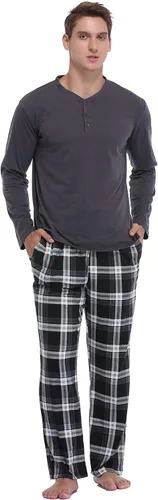 Vista 5 de Vlazom Men's Long Sleeve Pajama Sets Pjs Sets Solid Tee and Plaid Pant Set S-XXL