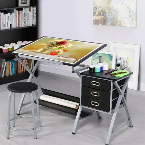 Vista 2 de Yaheetech Escritorio de dibujo, mesa de dibujo para artistas/adultos, escritorio de arte con taburete y 3 cajones deslizantes, estación de trabajo