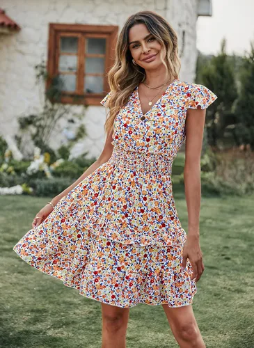Vista 2 de PRETTYGARDEN Vestido corto bohemio con cuello en V, estampado floral, manga con volantes, vestido corto con cintura fruncida