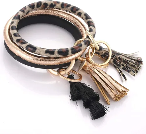 Vista 4 de Pulsera de cuero llavero con borla para mujeres y niñas