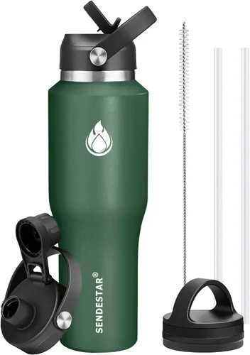 Vista 39 de SENDESTAR - Botella de agua de 0,9 L, 2 tapas (tapa con pajita), boca ancha de acero inoxidable aislada al vacío, doble pared, mantiene los líquidos