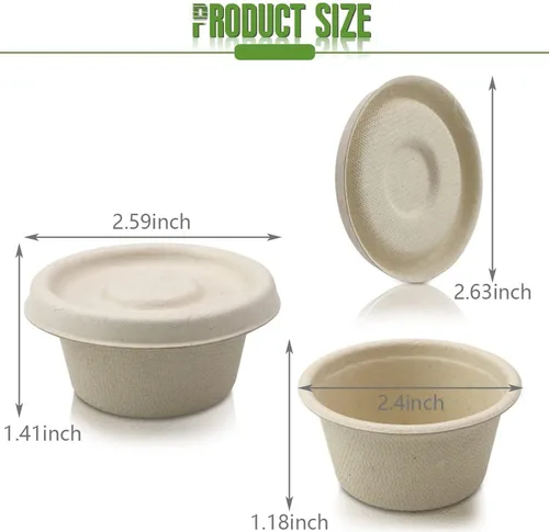 Vista 2 de Vmiapxo 100 juegos de tazas de condimento de fibra de bagazo natural de 2 onzas con tapas, recipientes de condimentos de salsa compostables, platos