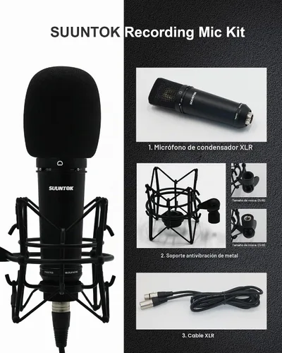 Vista 6 de SUUNTOK Micrófono XLR, Micrófono de condensador profesional con diafragma grande de 34mm, Micrófono de estudio cardioide para grabación TM87KB Kit