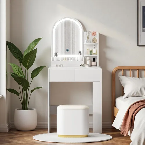 Vista 8 de Vanity, pequeño escritorio de tocador con espejo y luces, espacio de almacenamiento con estante lateral, tocador compacto para niñas