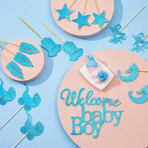 Vista 3 de Gersoniel 36 adornos para cupcakes con purpurina para baby shower en 6 estilos, 1 adorno de bienvenida para pastel de bebé, 1 vela para dormir