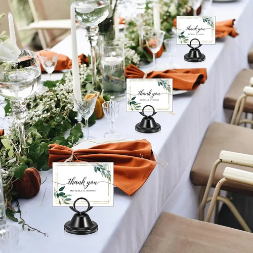 Vista 5 de 20 soportes para números de mesa, soportes de metal circulares con nombre base, clips de menú para boda, fiesta, recepción, soportes de fotos