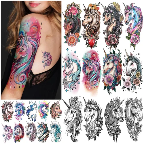 Vista 10 de 77 hojas de tatuajes temporales para mujeres y hombres, 17 hojas de tatuajes falsos de medio brazo de flores de playa, calaveras, atardeceres, 60