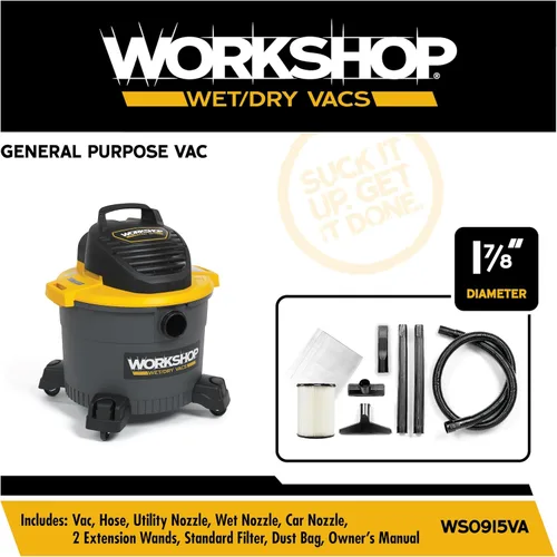 Vista 2 de WORKSHOP Wet/Dry Vacs Shop Vacuum WS0915VA - Aspiradora de uso general en seco y húmedo de 9 galones, 4.25 Pico HP con filtro, bolsa para polvo