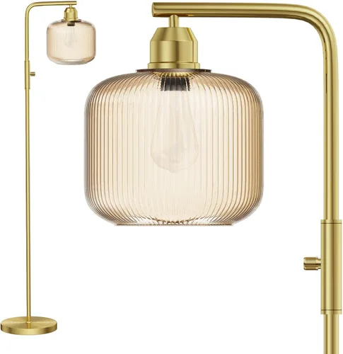 Vista 8 de Lámpara de pie de cristal para sala de estar, moderna lámpara de pie con pantalla de vidrio acanalado verde e interruptor de pedal, lámpara de pie
