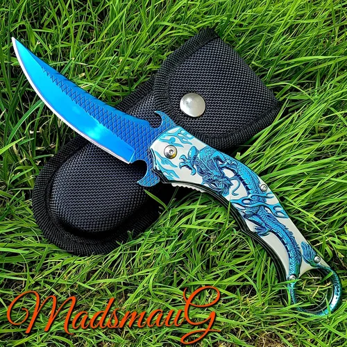 Vista 2 de Cuchillo de bolsillo, 9Cr18Mo BLADE Cuchillo plegable de bolsillo con funda, genial cuchillo EDC de dragón 3D, gran cuchillo de bolsillo de regalo