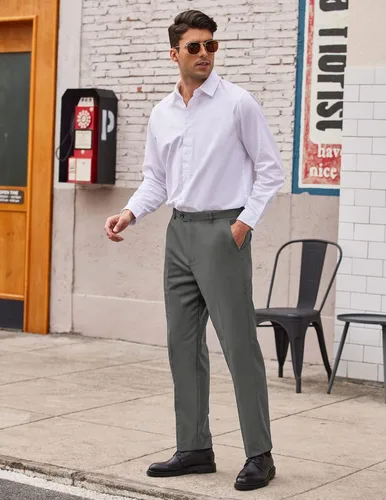 Vista 3 de COOFANDY Pantalones de vestir con frente plano de ajuste clásico para hombre, sin planchado, pantalones casuales de primera calidad, pantalones