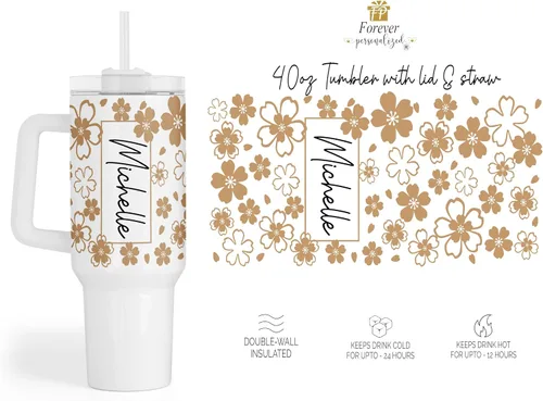 Vista 3 de Vaso personalizado de 40 onzas con asa y pajita, vaso aislado de acero inoxidable, taza de viaje, taza de café de doble pared para bebidas frías