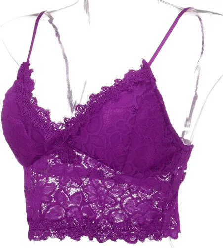 Vista 5 de Camiseta sexy para mujer, ribete de encaje de verano, festoneado, ahuecado, transparente, escote transparente, para fiesta nocturna y club, púrpura