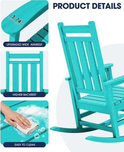Vista 8 de Mecedora de exterior KINGYES, Mecedoras de patio para todo clima para porche, Sillas mecedoras de exterior de HDPE con respaldo alto para adultos