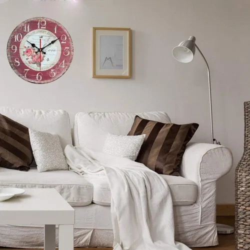 Vista 4 de YeYo Reloj de pared redondo rojo simple estilo europeo rosa reloj de pared madera MDF impermeable flores silenciosas decoración para el hogar, sala