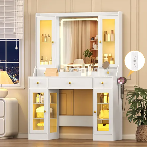 Vista 20 de Wodeer Pequeño escritorio de maquillaje con espejo y luces, tocador con armario de cristal, luces LED y toma de corriente, cajón y gabinetes