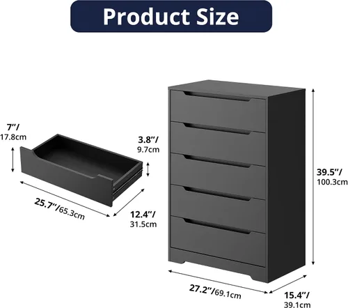 Vista 10 de Cozy Castle - Cómoda de 5 cajones, cómoda moderna de madera con gran organizador, gabinete de almacenamiento con acento de madera para sala de Negro