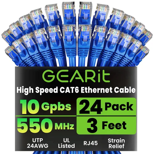 Vista 24 de GEARit Paquete de 24 cables Ethernet Cat6 de 0.5 pies Cable de conexión de red RJ45, conectores chapados en oro sin enganches de 10 Gbps, cable