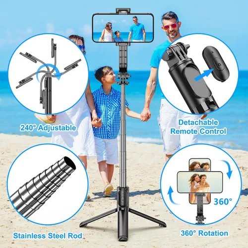 Vista 2 de SelfieShow Selfie Stick, Palo de Selfie Extensible con Trípode, Control Remoto Inalámbrico y Soporte de Trípode, Portátil, Ligero, Compatible