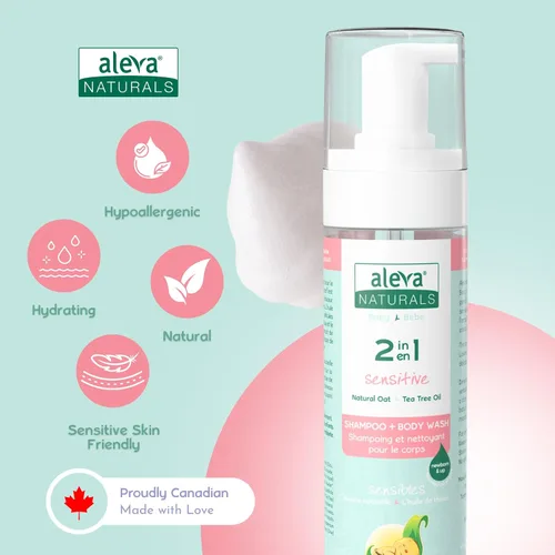Vista 3 de Aleva Naturals Gel de baño y cabello hipoalergénico 2 en 1 Fórmula de aceite de árbol de té Para pieles sensibles Perfecto para bebés recién
