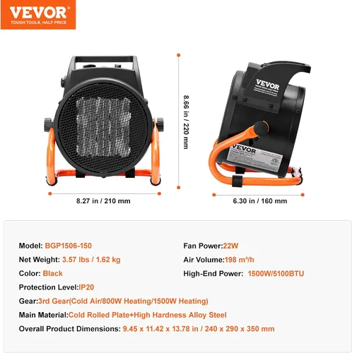Vista 8 de VEVOR Calentador de invernadero, 1500 W PTC, calentamiento rápido con protección contra sobrecalentamiento, ventilador de tienda de cultivo pequeño