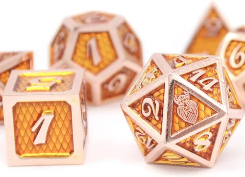 Vista 9 de HEIMDALLR Juego de dados DND de metal, 7 piezas, diseño de piel de dragón, tamaño de 0.630 in, logotipo en D20; juego de dados de metal y caja
