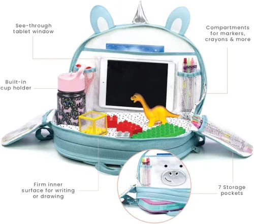 Vista 4 de Lulyboo Bandeja y mochila para asiento de automóvil de unicornio para niños pequeños Escritorio de viaje para niños con superficie de escritura