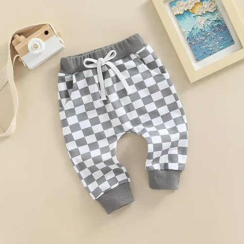 Vista 4 de lingsahng Pantalones de bebé para niño pequeño, cintura elástica, mezcla de algodón, pantalones deportivos holgados y largos, ropa de bebé, Cuadros