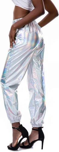 Vista 2 de Zaxicht - Pantalones deportivos color metálico brillante para mujer estilo informal con cintura alta