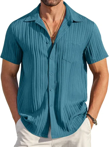 Vista 42 de COOFANDY - Camisas de botones casuales para hombre, de manga corta, con textura, camisa de playa de verano con bolsillo