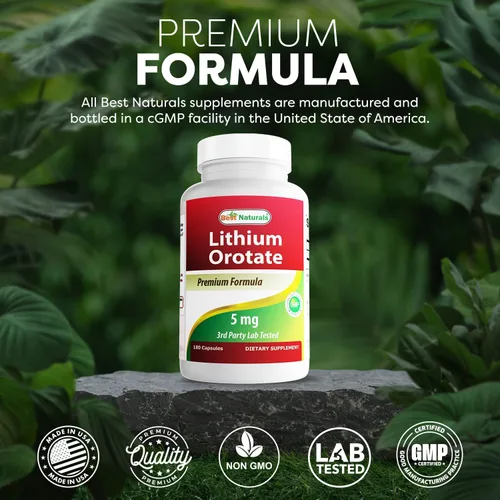 Vista 5 de Best Naturals Orotato de litio 5 mg 180 cápsulas - Sin OMG - Sin gluten