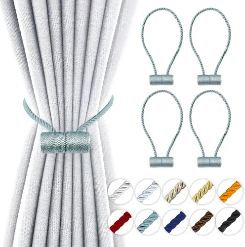 Vista 20 de Alzapaños magnéticos fuertes de 18 pulgadas, sujetadores de cortina modernos, estilo trenzado, cuerda decorativa para cortinas (2 unidades, beige)