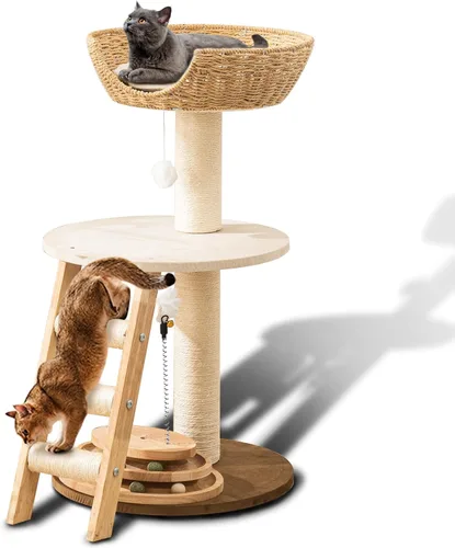 Vista 9 de Torre de árbol moderna para gatos de 52 pulgadas para gatos grandes, 3 nidos para gatos tejidos a mano, multinivel, enormes Paws Pals árbol
