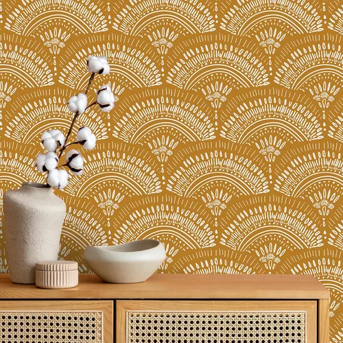 Vista 2 de VEELIKE Papel tapiz geométrico amarillo mostaza para despegar y pegar, papel tapiz geométrico bohemio, extraíble, de 17.7 x 118 pulgadas, apto