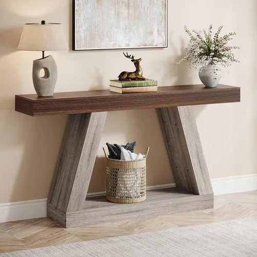 Vista 13 de Tribesigns Mesa consola de granja, mesa de sofá rústica de 55 pulgadas con almacenamiento, mesa de entrada de madera industrial para pasillo, sala
