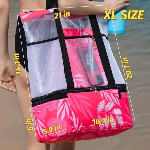 Vista 6 de L'OLGA Bolsa grande de malla con enfriador aislado desmontable, bolsa de fin de semana de playa