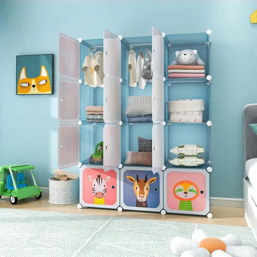 Vista 9 de Costzon Armario para Niños, Organizador de Almacenamiento Modular de Tocador de Dibujos Animados DIY con 12 Cubos y 2 Percheros para Colgar Ropa