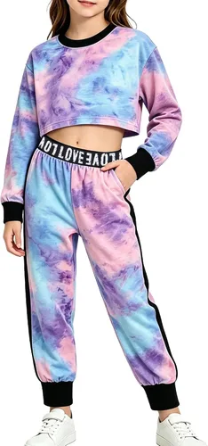 Vista 9 de Betusline - Conjunto de 2 piezas para niñas, ropa deportiva con sudadera y pantalones cortos, 4T-14 años Una flor de orilla naranja