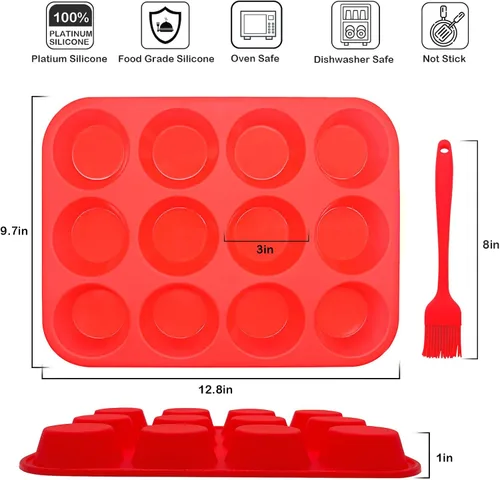 Vista 3 de Juego de moldes de silicona para muffins, 2 piezas de 2.8 pulgadas, 12 tazas, molde para mordedura de huevo, antiadherente, fácil liberación