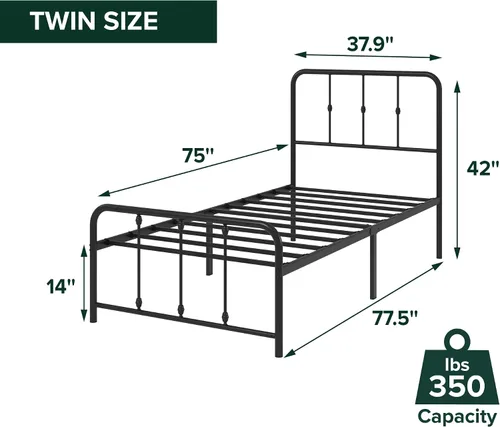 Vista 2 de Zinus Leonardo - Marco de cama con plataforma de metal, cabecero victoriano, tamaño individual Heavy Duty Bed Base, Ample Underbed Storage Space