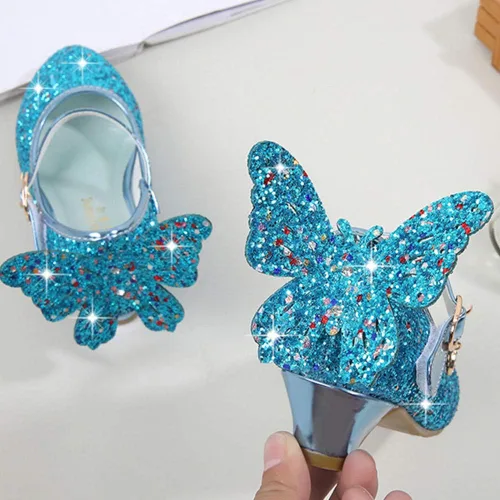 Vista 4 de Zapatos brillantes de mariposa Mary Jane para niñas y niñas, zapatos de fiesta de boda con purpurina para damas de honor, tacones bajos, zapatos