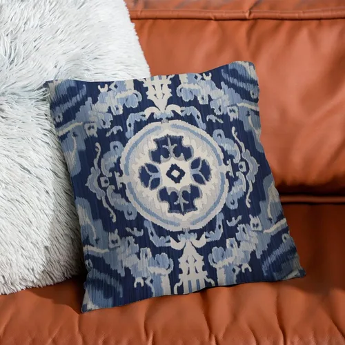Vista 7 de Fundas de cojín Ikat con medallón azul y gris, color blanco y azul marino, fundas de almohada abstractas, decorativas de granja para sofá, cama