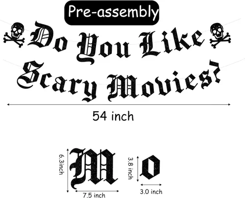 Vista 2 de Cartel de películas de terror con texto en inglés "Do You Like Scary Movies", guirnalda gótica de calavera inglesa, decoración de noche de películas