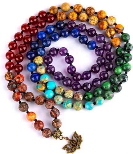 Vista 20 de Bivei 7 Chakra 108 Mala Beads Bracelet Real Gemstone Yoga Meditation Hand Knotted Mala Prayer Bead Necklace