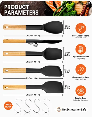 Vista 2 de Badiano Juego de cucharas de espátula de silicona para utensilios de cocina Negro